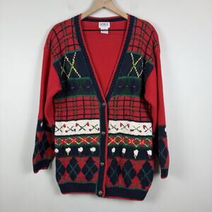 PBJ Sport Novelty Cardigan Sweater Sz M Cotton Blend Colorful Artsy Prep Vintage